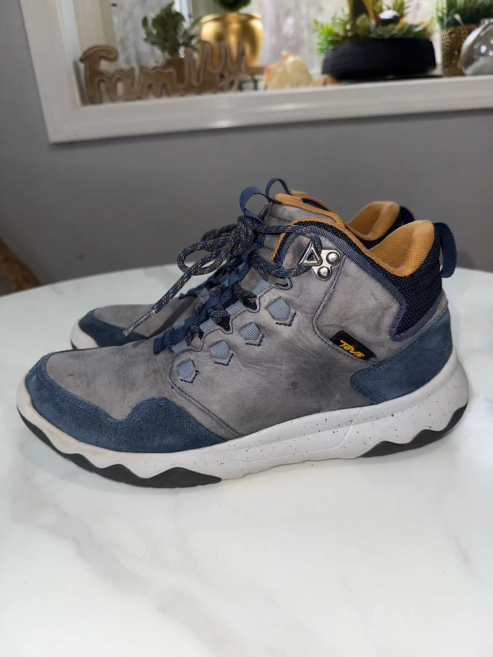 Teva Men’s Gray and Navy Mid-Top Boots with Yellow Accent